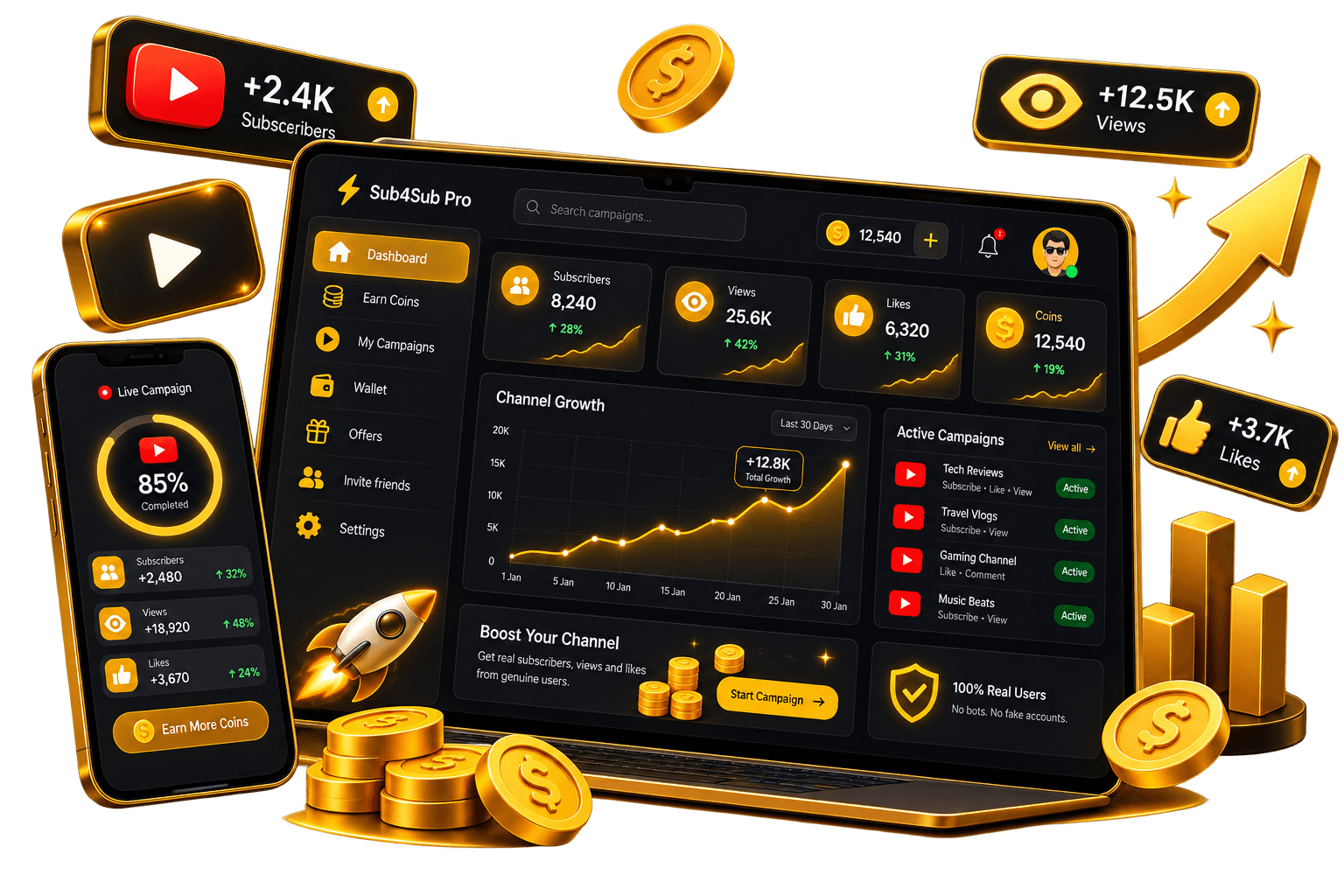 Sub4Sub Pro dashboard showing subscriber, view, and like growth
